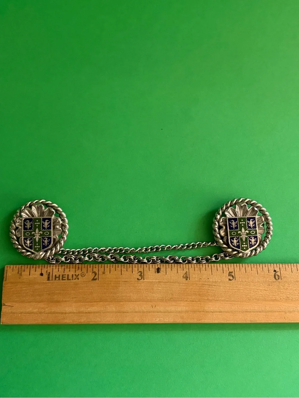 Vintage Heraldic Chatelaine double pin Brooch Silver-tone Green and Blue Enamel